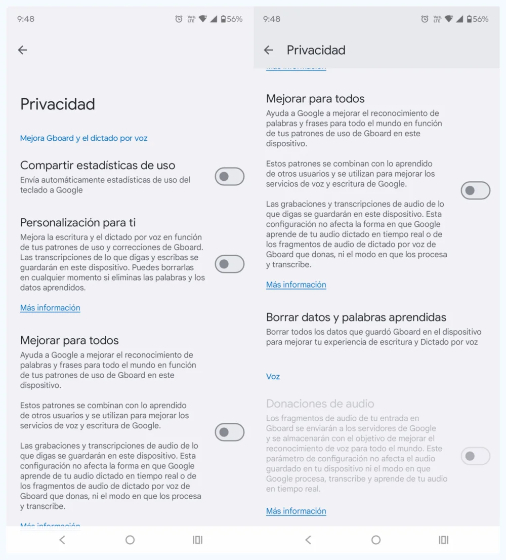 desactivar estadisticas de uso en gboard